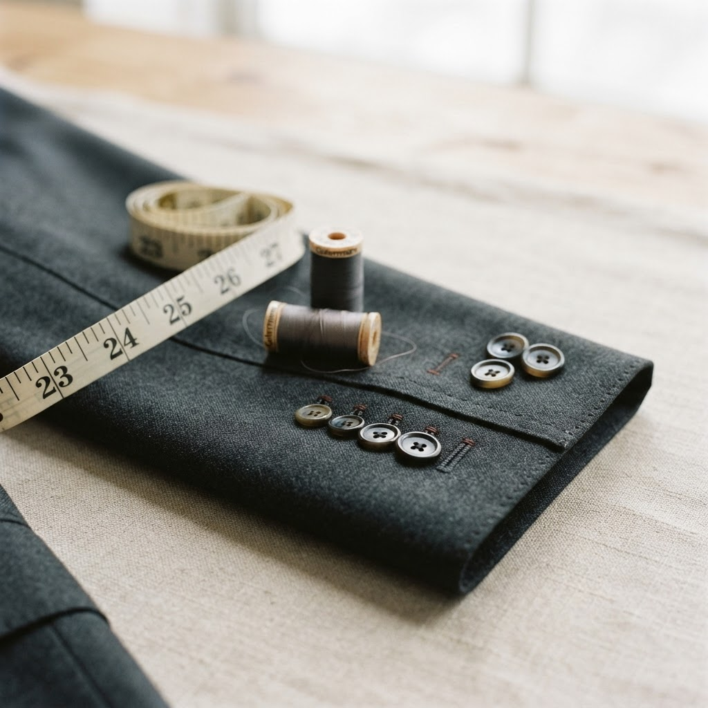 Close-up of a measuring tape, thread, and buttons resting on a finely stitched suit jacket sleeve