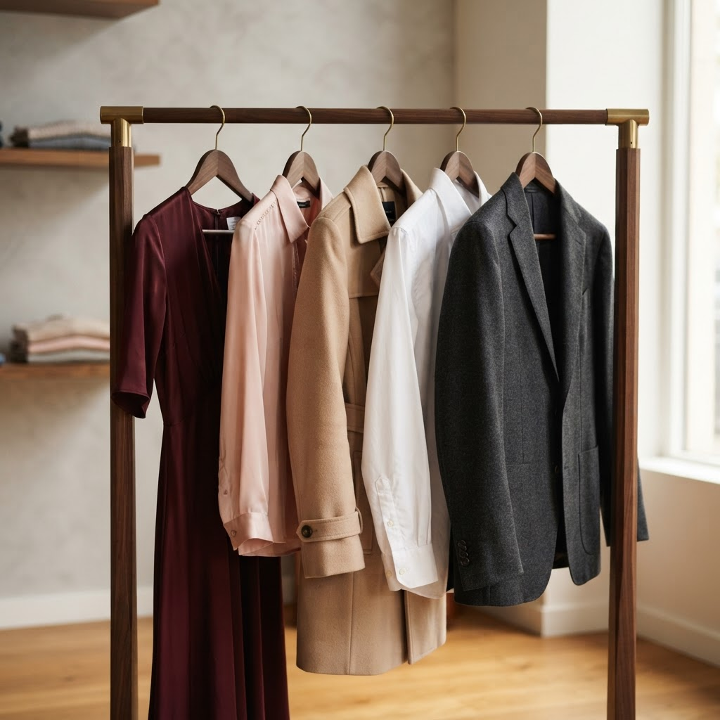 A premium garment rack of freshly pressed women's and men's clothing including a burgundy dress, blouse, coat, shirt, and blazer on wooden hangers
