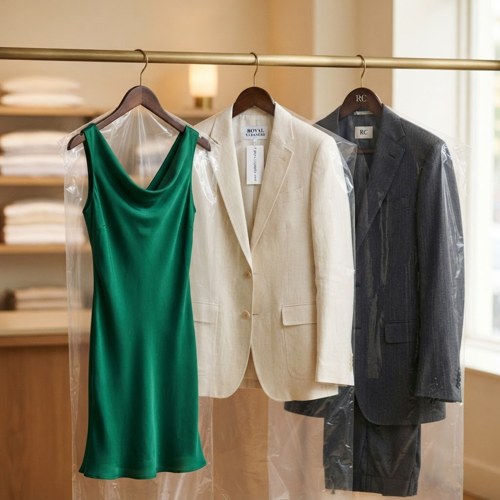 A freshly dry-cleaned emerald green dress, cream blazer, and charcoal suit on premium hangers