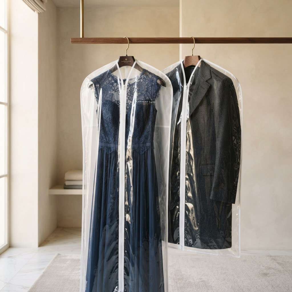 A delicate gown and a structured coat in clear protective garment bags on premium hangers