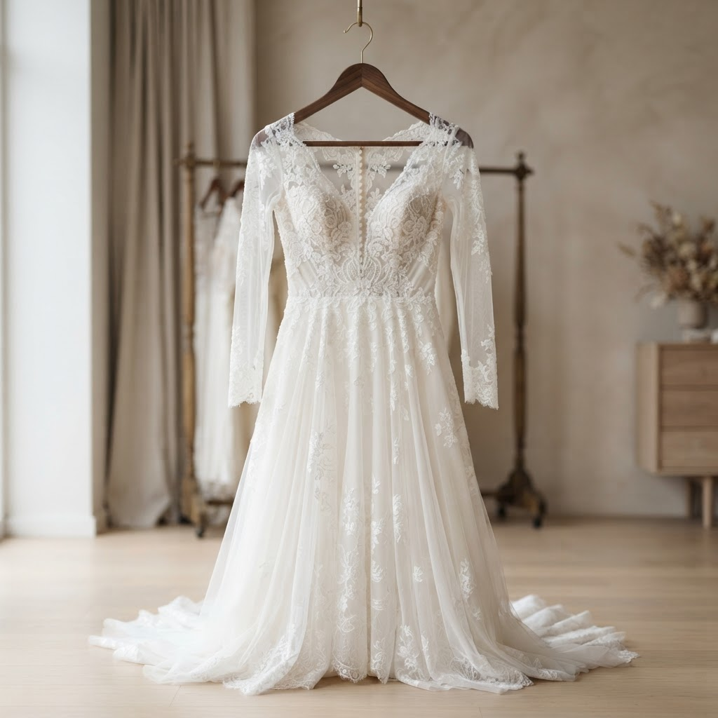 An elegant white wedding dress on a premium wooden hanger